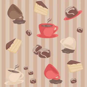 Seamless stripy pattern with cups and cakes Stock Illustration