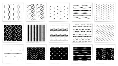 Seamless strokes hand made pattern set. 20 black white vector patterns for web Stock Illustration