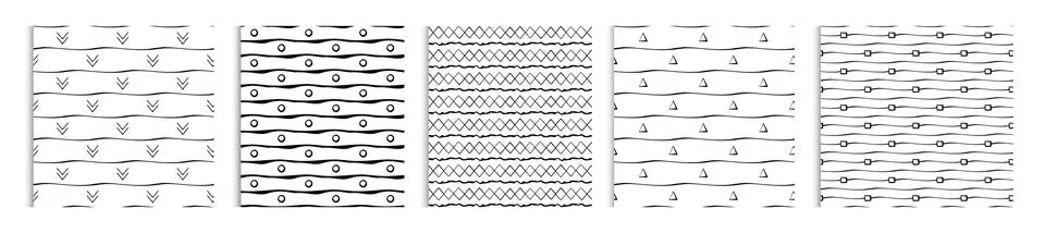 Seamless strokes hand made pattern set. 5 black white vector patterns for web Stock Illustration