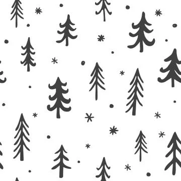 Seamless stylish pattern with cute hand drawn pine trees. Vector Outline Stock Illustration