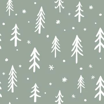 Seamless stylish pattern with cute hand drawn Doodle Pine Trees. Vector Outline Stock Illustration