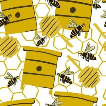 Seamless stylized bee pattern with honey spoons, hives, honeycombs. White bac Stock Illustration