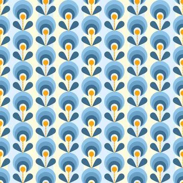 Seamless Stylized Floral Pattern in Art Deco Retro Style with Blue and Orang 스톡 일러스트