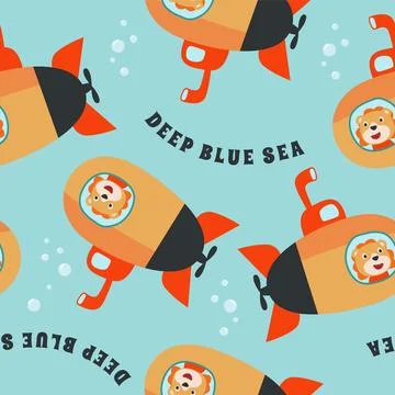 Seamless submarine pattern with cute lion sailor under sea. Stock Illustration