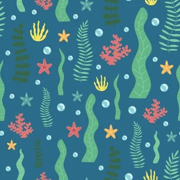 Seamless summer algae pattern on the dark background. Vector sea illustration 스톡 일러스트