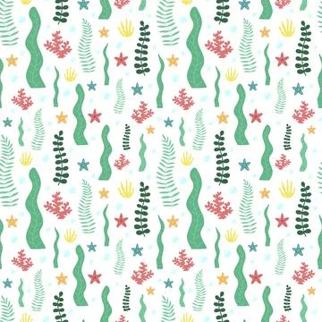 Seamless summer algae pattern. Vector sea illustration for child, holiday, ba 库存插图
