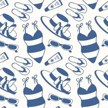 Seamless summer beach pattern with swimsuit, flip flop, sun hat, sunglasses and 库存插图