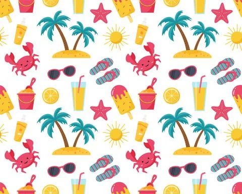 Seamless summer beach pattern in umbrella, glasses, sun, lemonade, crab, palm イラスト素材