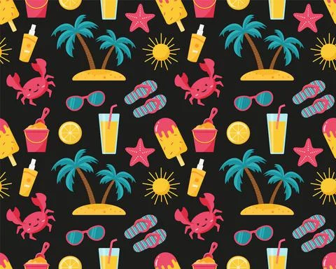 Seamless summer beach pattern in umbrella, glasses, sun, lemonade, crab, palm Stock Illustration