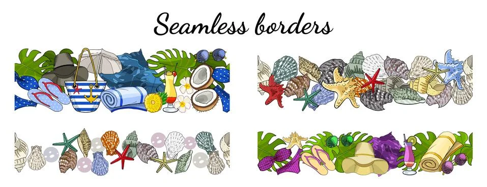 Seamless summer borders with beach elements isolated on white. Stock Illustration