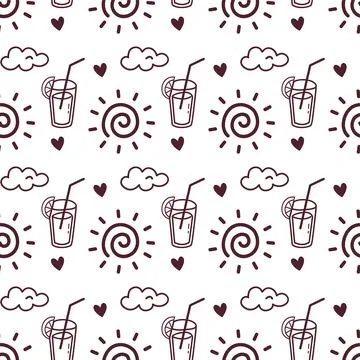Seamless Summer Doodle Pattern with Sun, Clouds, Drinks and Hearts. Perfect for Illustrazione stock