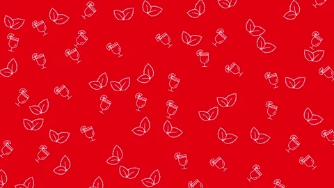 Seamless summer drink pattern with cocktail glasses and mint leaves on red Stock Footage 345539037