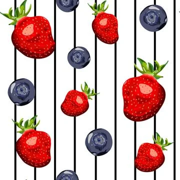 Seamless summer fruit pattern with strawberries and blueberries on a modern.. Stock Illustration