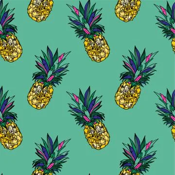 Seamless summer gold pineapple on colored background. Seamless pattern in . Stock Illustration
