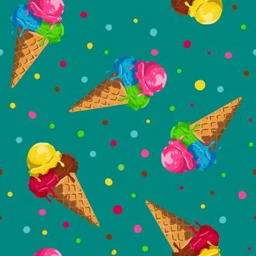 Seamless Summer Ice Cream Pattern  Colorful Waffle Cones with Melting Scoop.. Stock Illustration