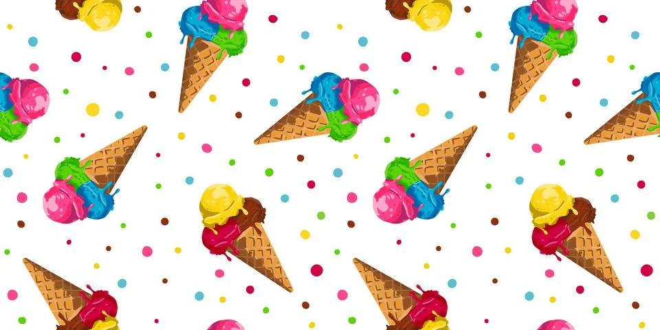 Seamless summer ice cream pattern with colorful waffle cones, melting scoop.. Stock Illustration