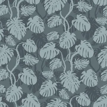 Seamless summer monochrome pattern with silhouettes of monstera leaves on a gray Illustrazione stock