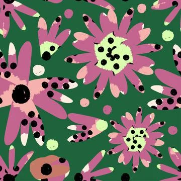 Seamless summer pattern with abstract blooms on green background , greeting c Stock Illustration