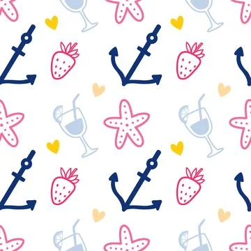 Seamless Summer Pattern with Anchors, Starfish, Cocktails and Strawberries in Stock Illustration