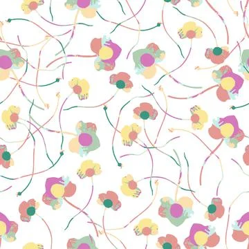 Seamless summer pattern background  with hand drawn multicolour flowers , gre Stock Illustration