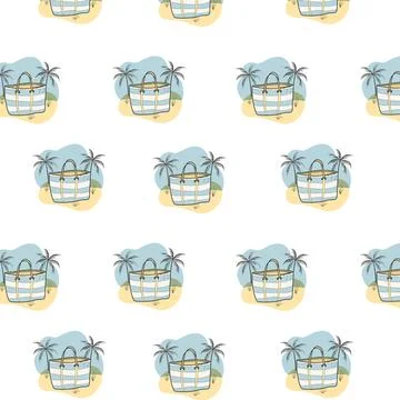 Seamless summer pattern of beach tote bags with palm trees Stock Illustration