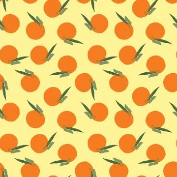 Seamless summer pattern with cartoonish orange fruit and leaves on yellowish Stock Illustration