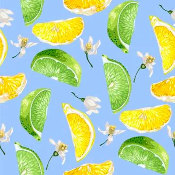 Seamless summer pattern with citrus slices of lemon and lime tree fruits and Stock Illustration