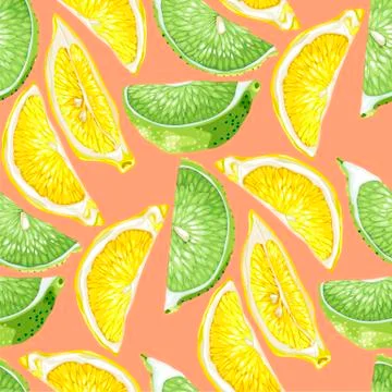 Seamless summer pattern with citrus slices of lemon and lime tree fruits Stock Illustration