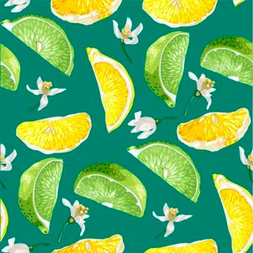 Seamless summer pattern with citrus slices of lemon and lime tree fruits and Stock Illustration