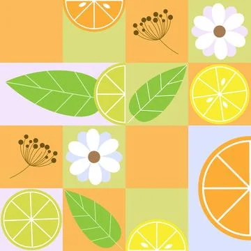 Seamless summer pattern with citrus slices, leaves Stock Illustration
