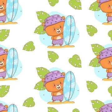Seamless summer pattern with Cute bear surfer on white background with trop.. Stock Illustration