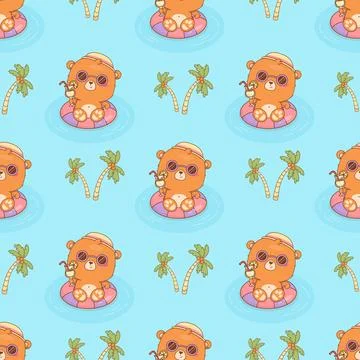 Seamless summer pattern with Cute bear in relaxing on swim ring with drink .. 스톡 일러스트