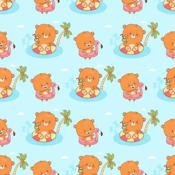 Seamless summer pattern with Cute bear relaxing in inflatable pool rings an.. Stock Illustration