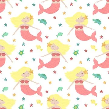 Seamless summer pattern with cute blonde mermaids with pink tail. Vector sea  Stock Illustration