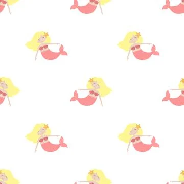 Seamless summer pattern with cute blonde mermaids with pink tail. Vector sea  Stock Illustration
