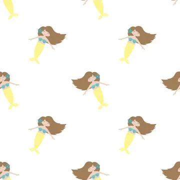 Seamless summer pattern with cute brunette mermaids with yellow tail. Vector  Stock Illustration