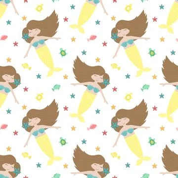 Seamless summer pattern with cute brunette mermaids with yellow tail. Vector  Stockillustratie
