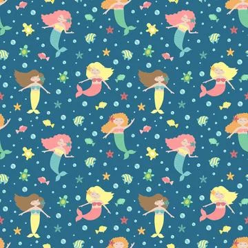 Seamless summer pattern with cute mermaids, fish, starfish and bubbles. Vecto Stock Illustration