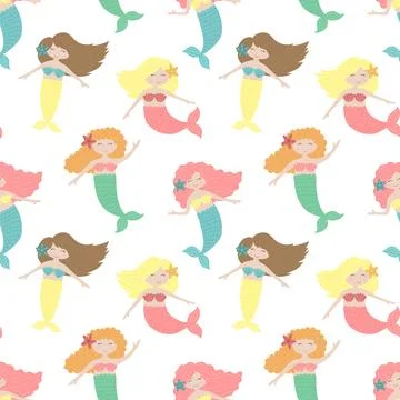 Seamless summer pattern with cute mermaids. Vector sea illustration for child Stock Illustration