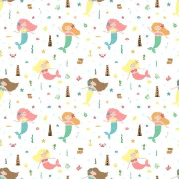 Seamless summer pattern with cute mermaids, castle, chest, fish and starfishe Stockillustratie