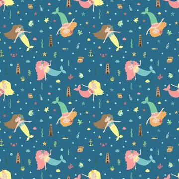 Seamless summer pattern with cute mermaids, castle, chest and sea animals. Ve Illustrazione stock