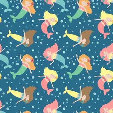 Seamless summer pattern with cute mermaids and bubbles. Vector sea illustrati Stock Illustration