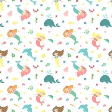 Seamless summer pattern with cute mermaids and sea animals. Vector marine ill Stockillustratie