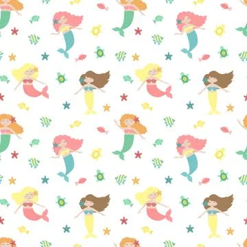Seamless summer pattern with cute mermaids, fish and starfish. Vector sea ill Stock Illustration