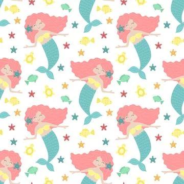 Seamless summer pattern with cute mermaids with pink hair and blue tail. Vect Illustrazione stock