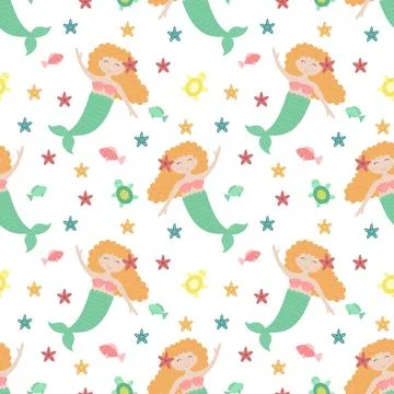 Seamless summer pattern with cute mermaids with red hair and green tail. Vect Illustrazione stock