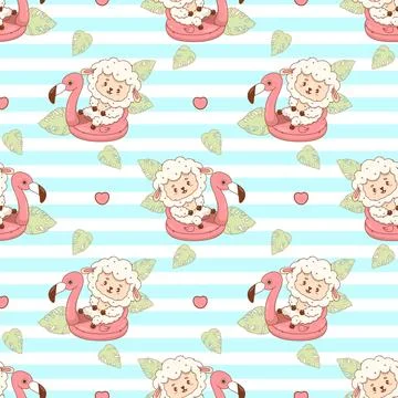 Seamless summer pattern with Cute Sheep on pink flamingo pool on striped ba.. Stock Illustration