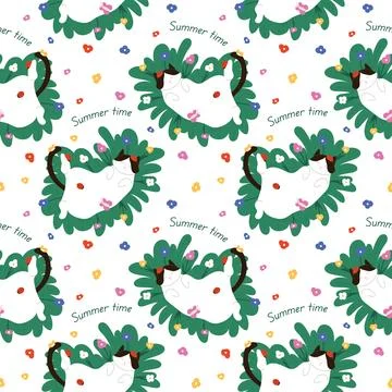 Seamless summer pattern with a cute white cat relaxing on green grass with Stock Illustration