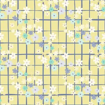 Seamless summer pattern with daisy silhouettes. Yellow chequered background a 스톡 일러스트