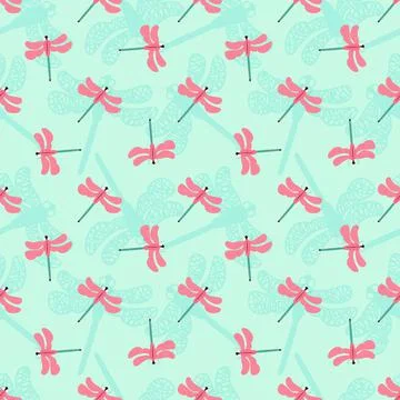 Seamless summer pattern with dragonfly on blue backgriund, silhouette of inse Stock Illustration
